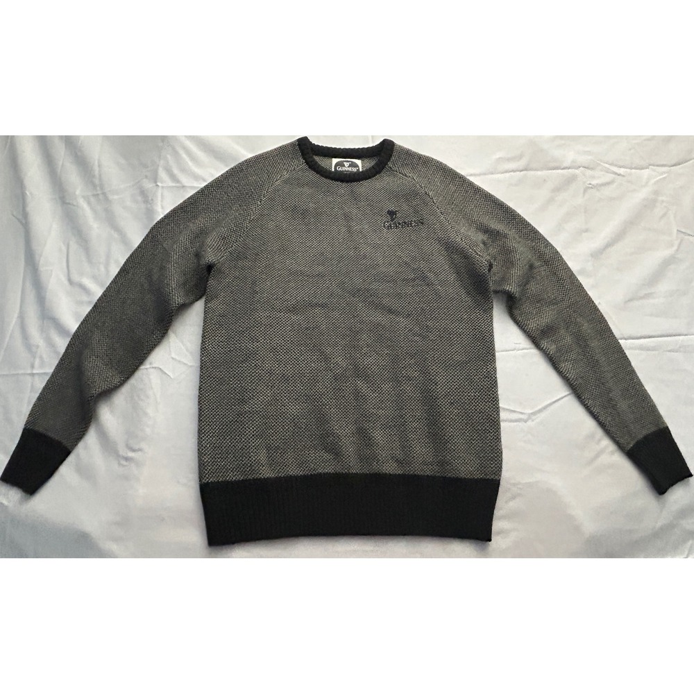 Guinness‎ Mens Grey Black Birds Eye Knit Crewneck Sweater Pullover Medium Logo